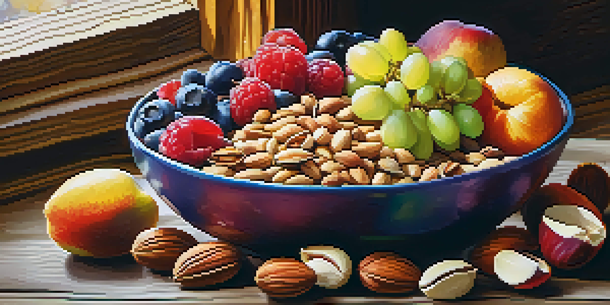 A bowl filled with nuts, seeds, and fruits on a wooden table, showcasing healthy food options rich in omega-3 fatty acids.