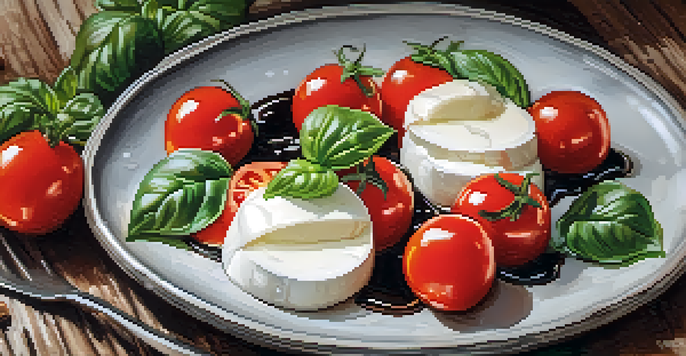 A colorful caprese salad with tomatoes, mozzarella, and basil on a wooden table, enhanced by natural lighting.