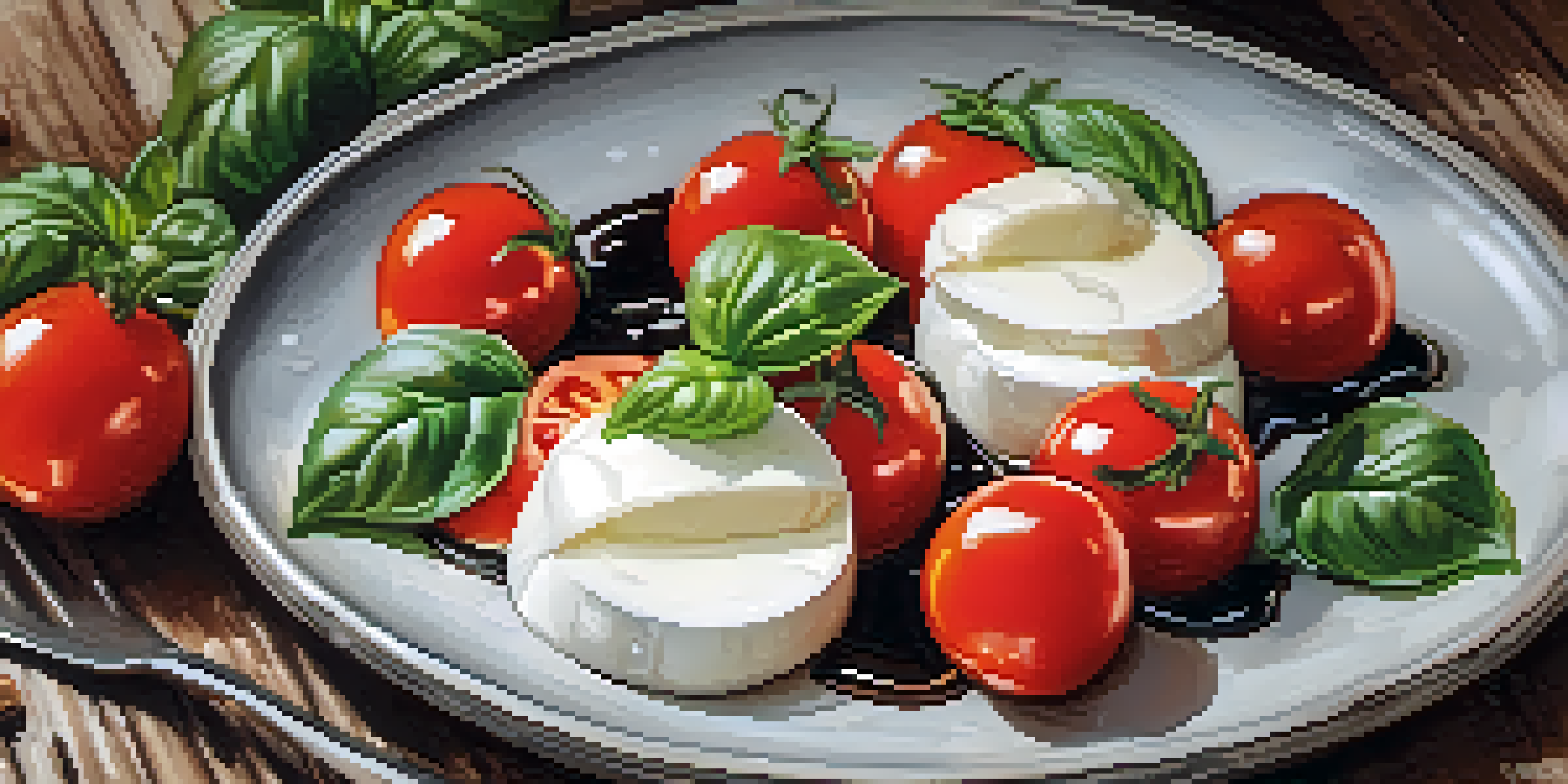 A colorful caprese salad with tomatoes, mozzarella, and basil on a wooden table, enhanced by natural lighting.
