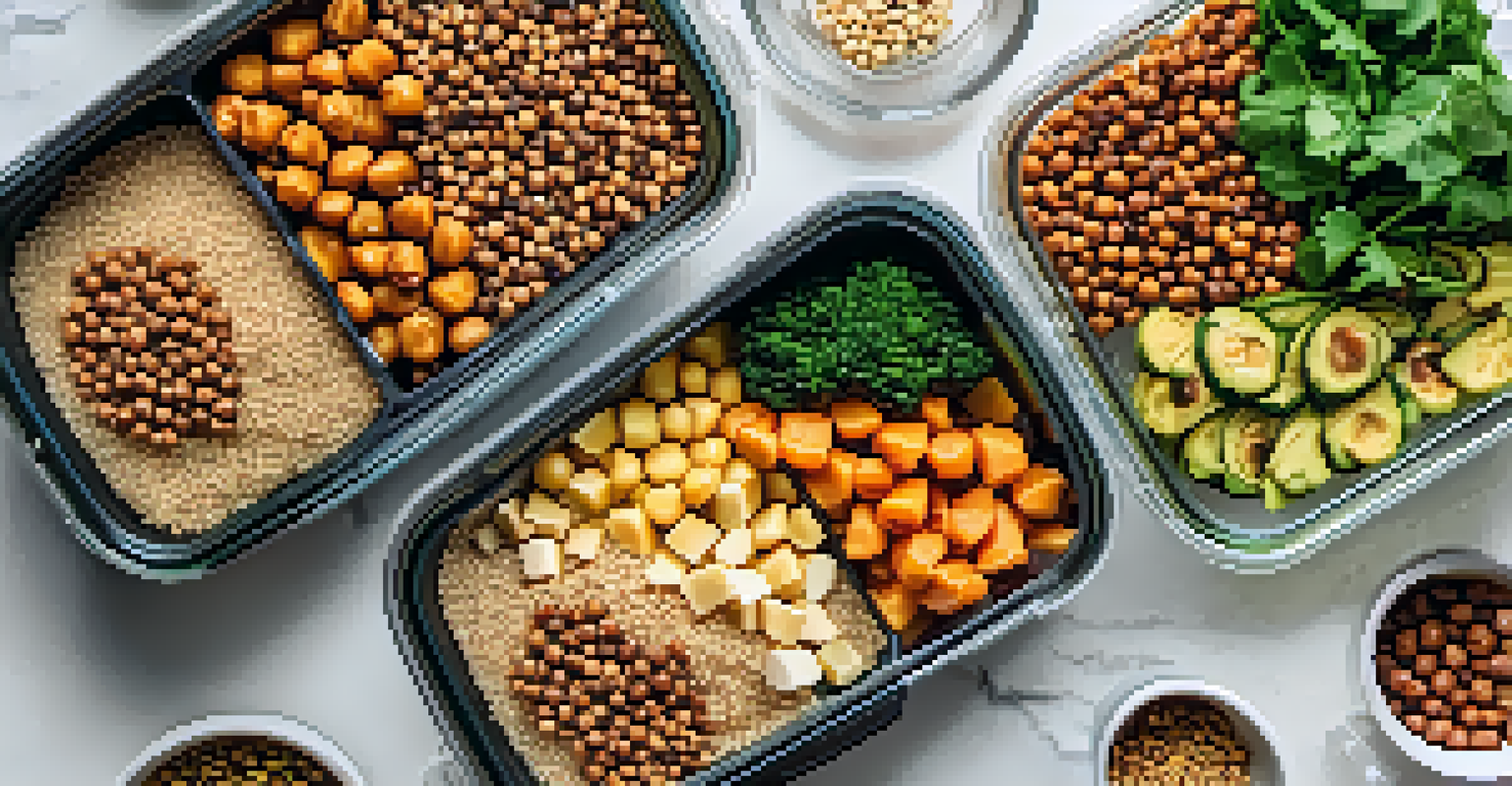 An overhead view of meal prep containers filled with quinoa, chickpeas, vegetables, and a mix of nuts and seeds.