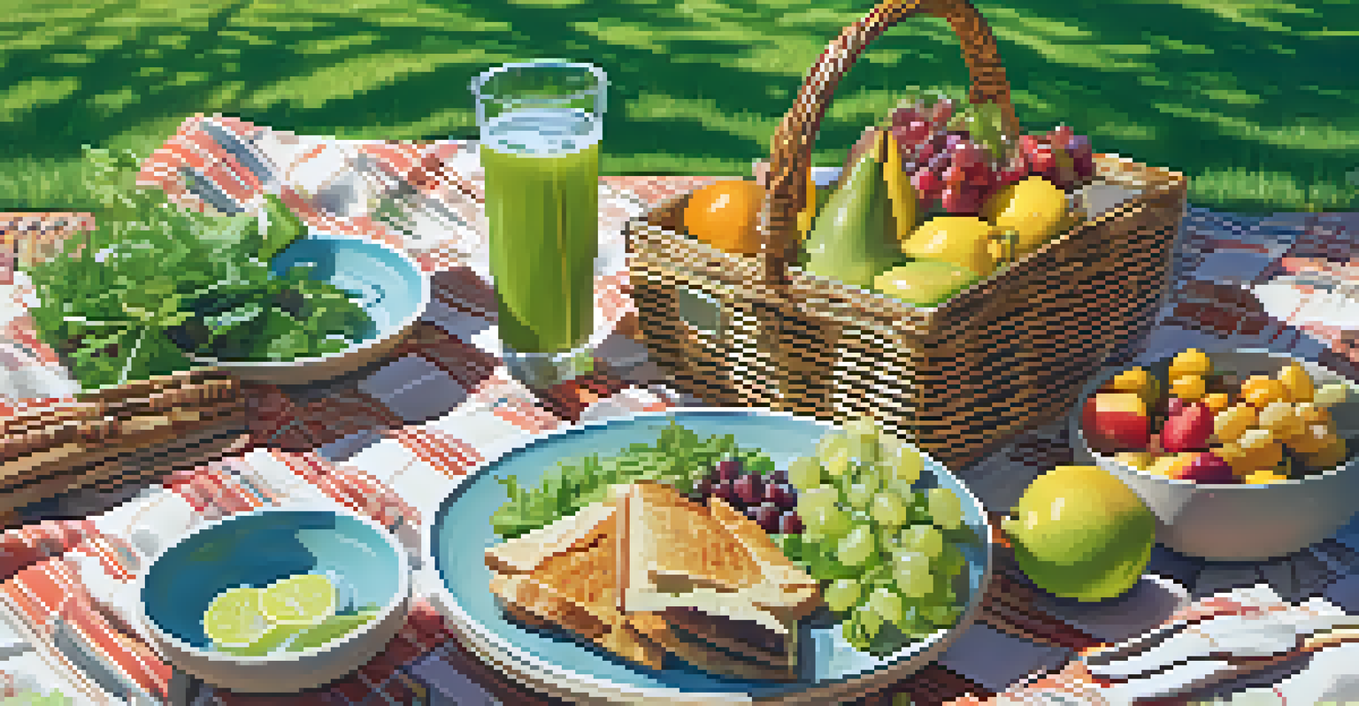 A picturesque picnic with plant-based dishes in a sunny park, emphasizing outdoor dining and nature.