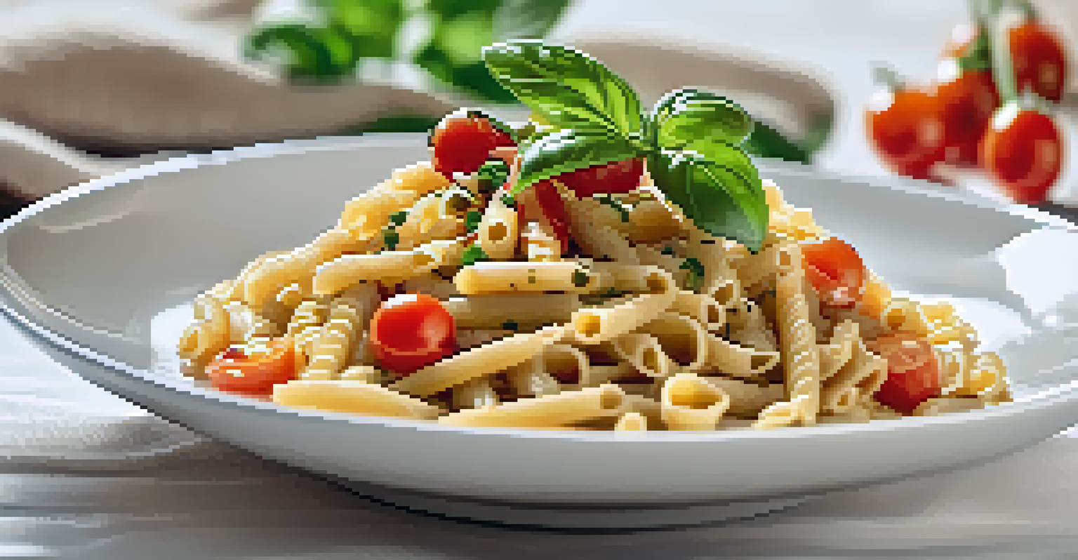 A plate of gluten-free lentil pasta topped with basil and cherry tomatoes, presented on a white plate in a softly lit kitchen.