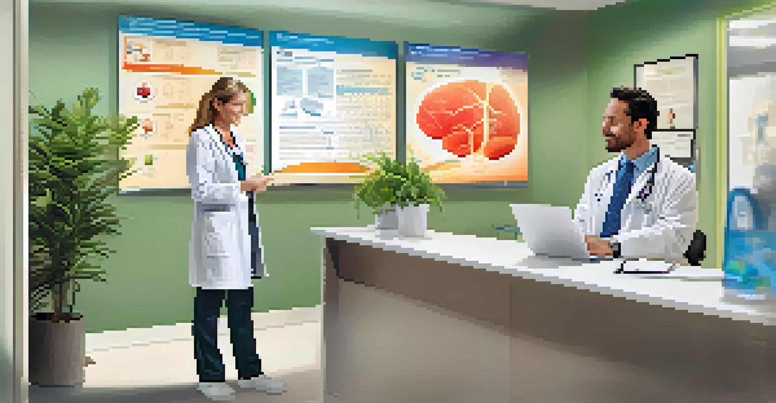 A healthcare professional explaining the benefits of Vitamin B12 to a patient in a modern clinic, with charts and a tidy desk in the background.