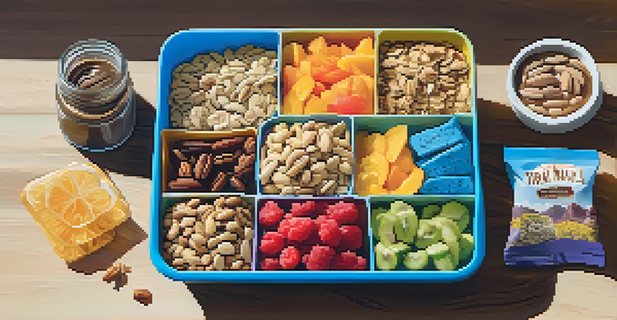 A vibrant travel snack kit with various healthy snacks like trail mix and granola bars placed in a scenic outdoor setting.