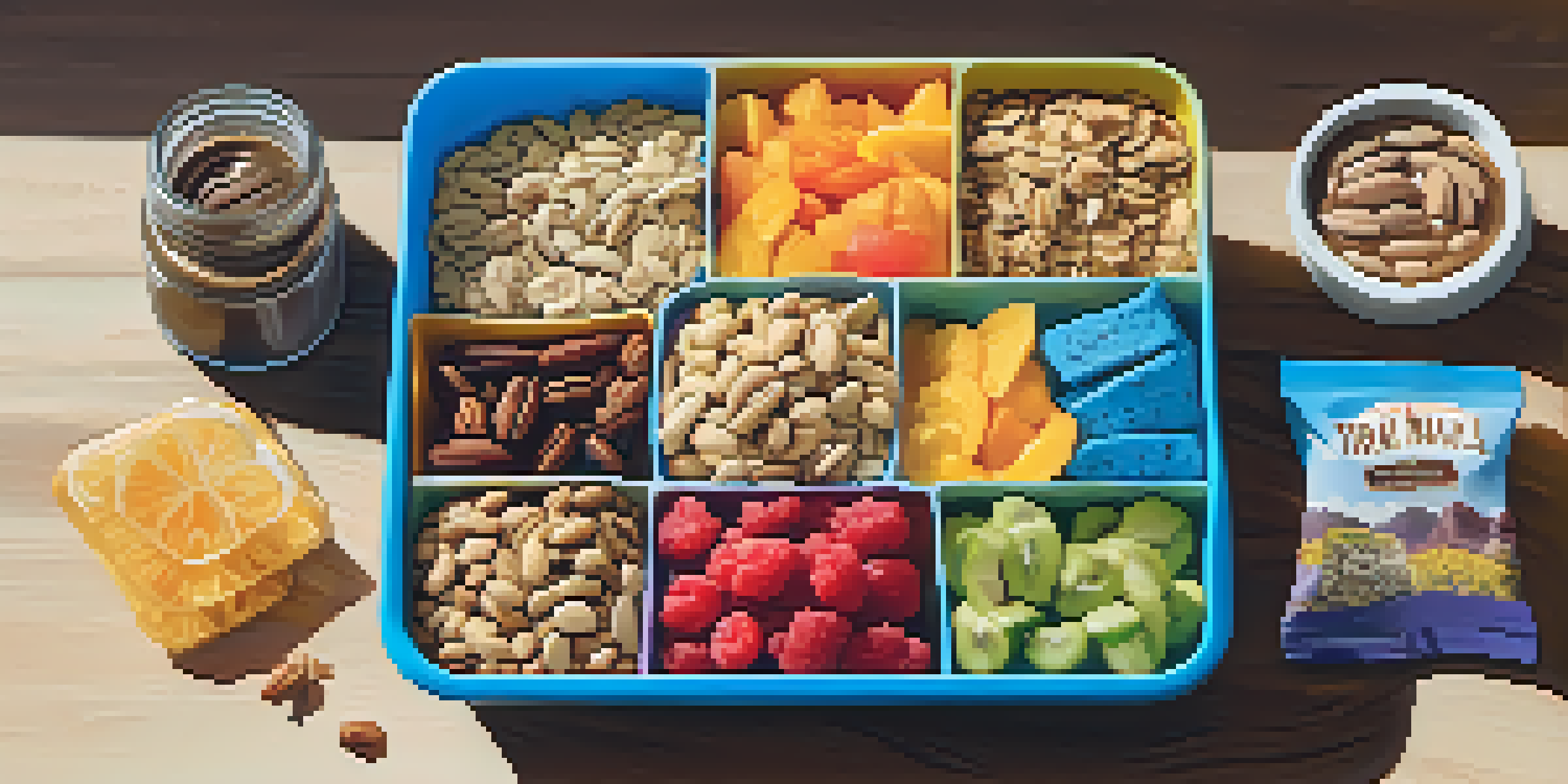A vibrant travel snack kit with various healthy snacks like trail mix and granola bars placed in a scenic outdoor setting.