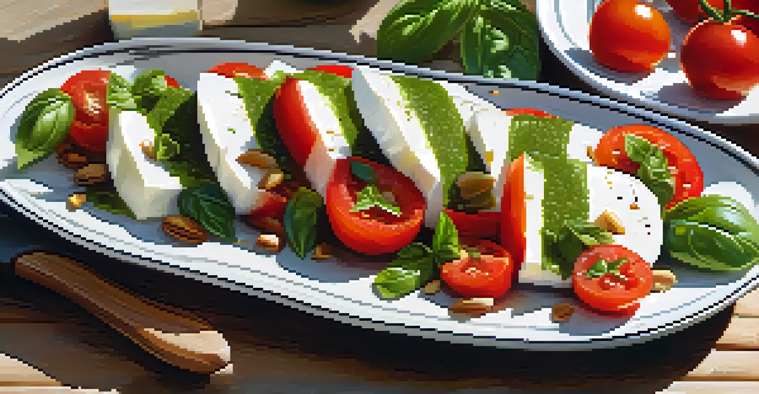 A colorful Caprese salad with tomatoes, mozzarella, pesto, and pine nuts on a rustic wooden table.