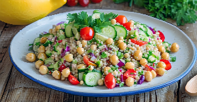 A colorful quinoa salad with chickpeas, cucumbers, and cherry tomatoes on a wooden table, garnished with herbs and a napkin.