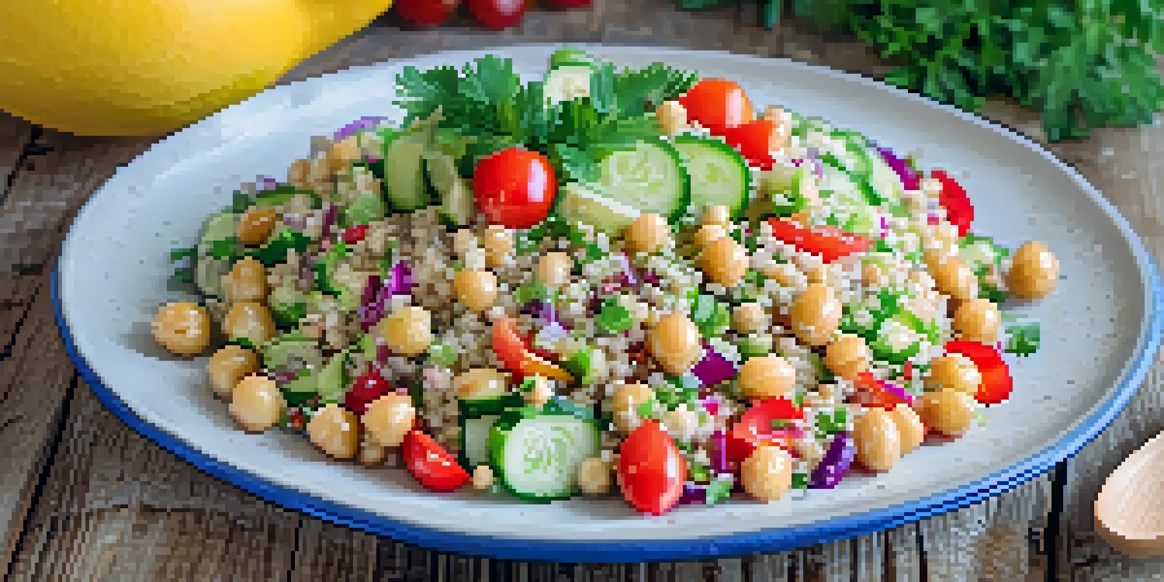 A colorful quinoa salad with chickpeas, cucumbers, and cherry tomatoes on a wooden table, garnished with herbs and a napkin.