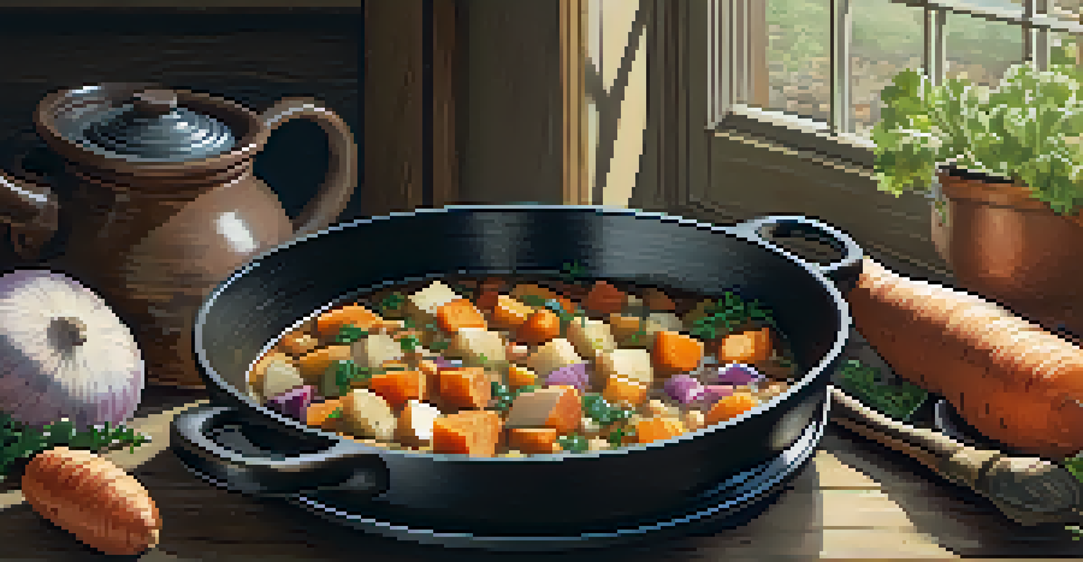 A cast-iron pot filled with vibrant root vegetable and barley stew, sitting on a rustic stove, illuminated by natural light.