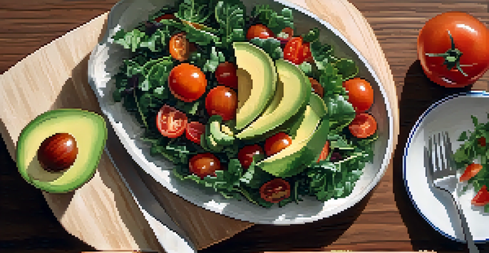 A colorful flat lay of a summer salad with tomatoes, kale, and avocado on a wooden cutting board, illuminated by soft natural light.