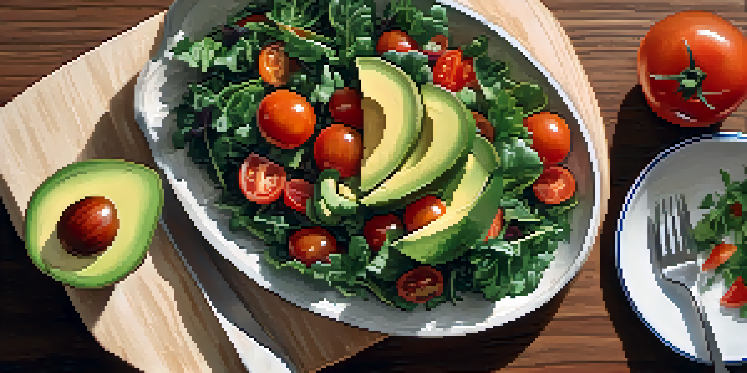 A colorful flat lay of a summer salad with tomatoes, kale, and avocado on a wooden cutting board, illuminated by soft natural light.