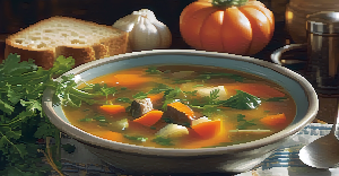 A steaming bowl of vegetable soup with colorful vegetables and a piece of crusty bread on the side.