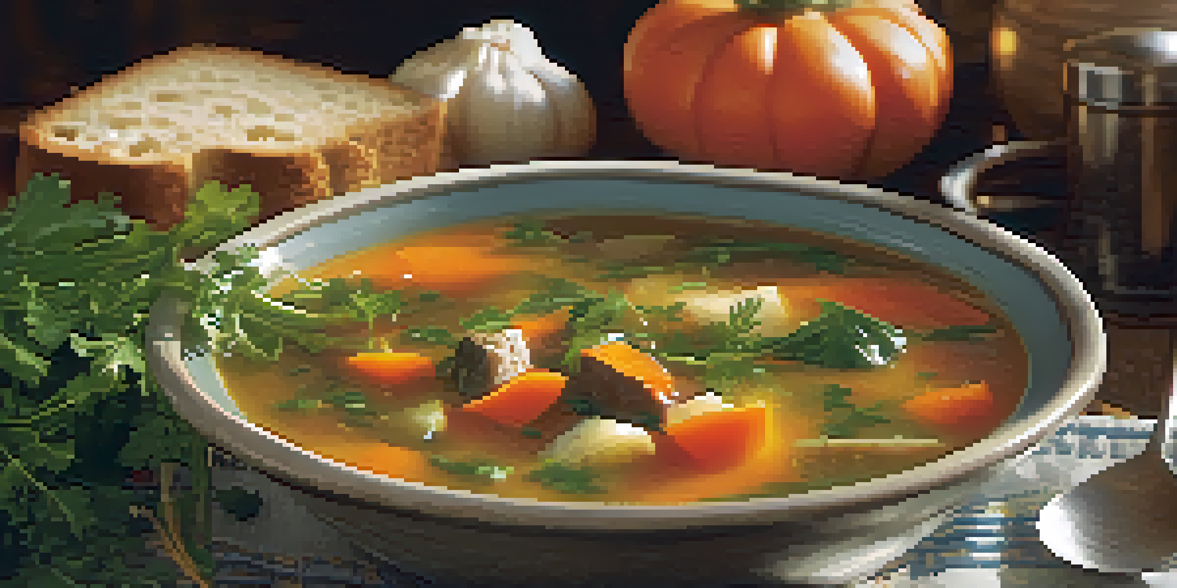 A steaming bowl of vegetable soup with colorful vegetables and a piece of crusty bread on the side.