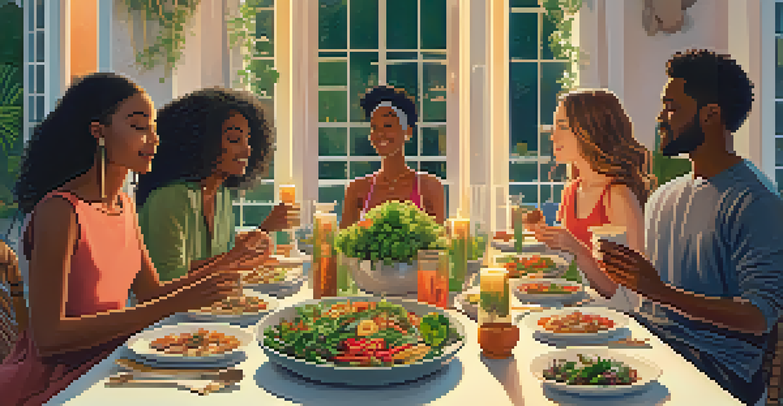 A diverse group of people enjoying a plant-based meal together at a beautifully set dining table, surrounded by greenery and candlelight.