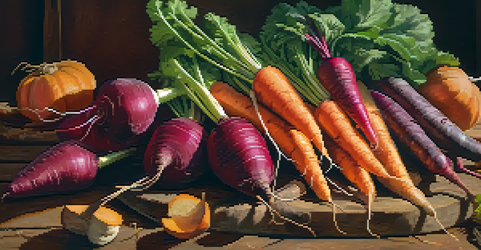 A colorful display of autumn vegetables on a wooden table, with falling leaves in the background.