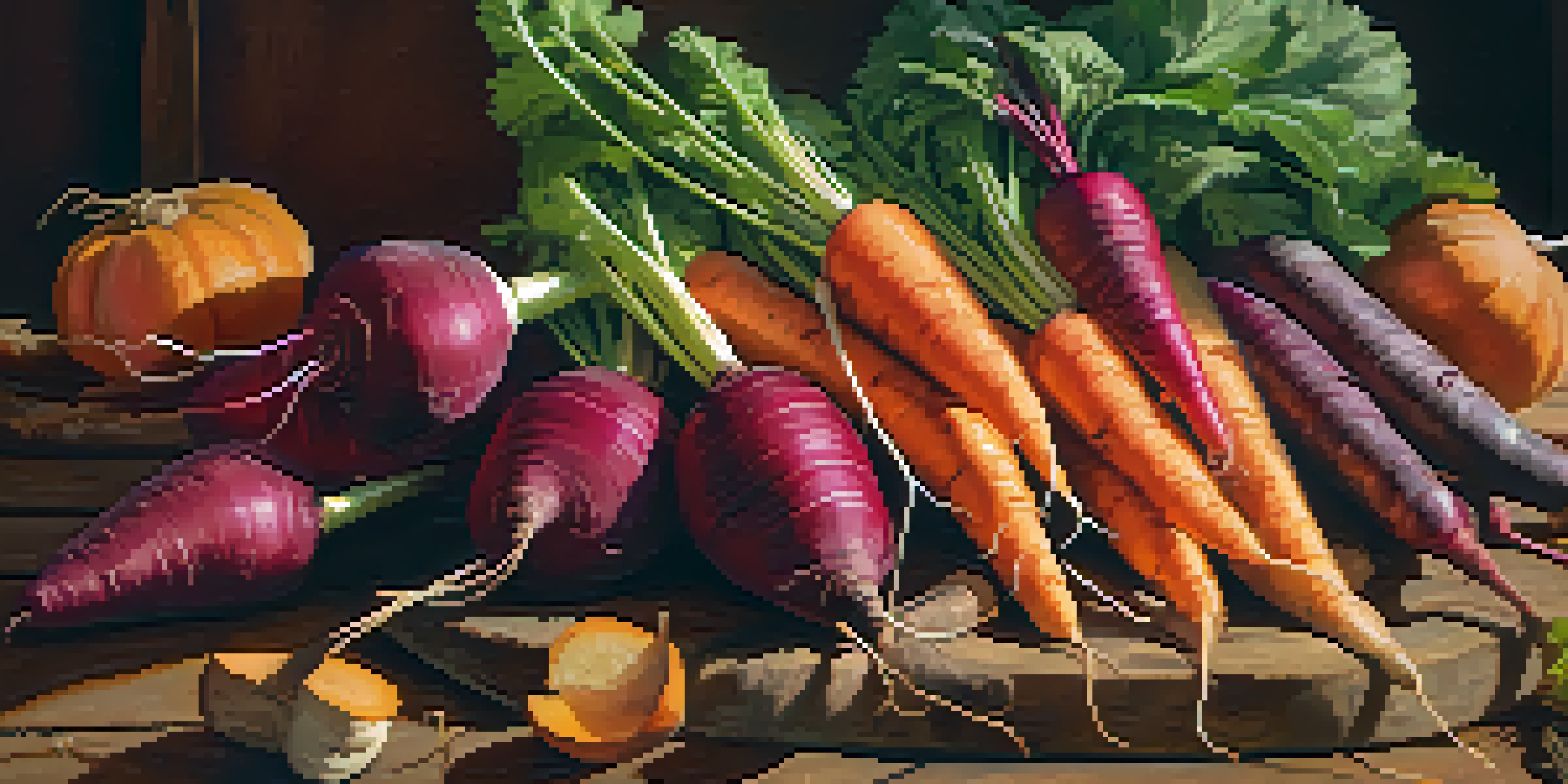A colorful display of autumn vegetables on a wooden table, with falling leaves in the background.