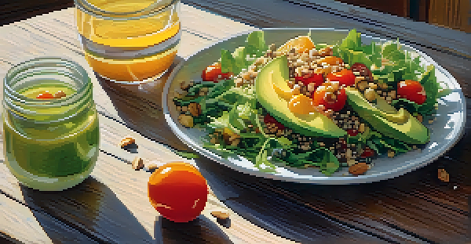 A colorful vegetarian meal on a wooden table, including a salad, quinoa, and orange juice, with soft natural lighting.