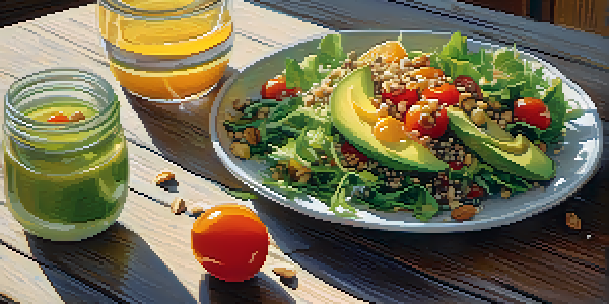 A colorful vegetarian meal on a wooden table, including a salad, quinoa, and orange juice, with soft natural lighting.