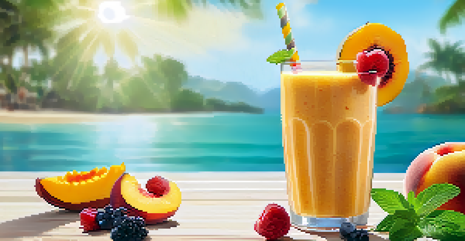 A clear glass of colorful summer smoothie with peaches, berries, and mango, surrounded by fresh fruits and coconut water.