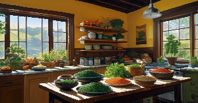 A bright kitchen table displaying various plant-based foods rich in iron, with natural sunlight illuminating the colorful ingredients.