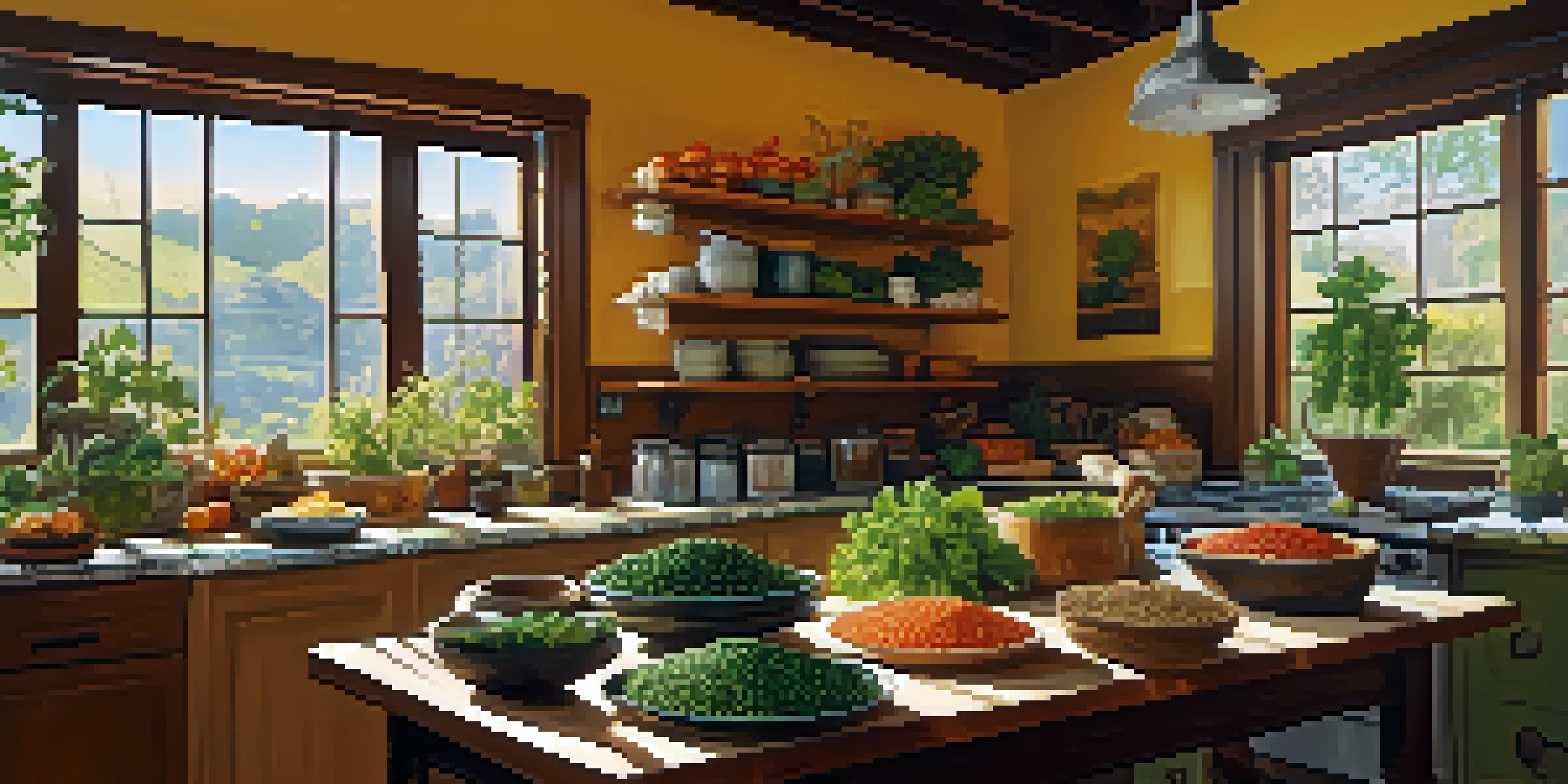 A bright kitchen table displaying various plant-based foods rich in iron, with natural sunlight illuminating the colorful ingredients.