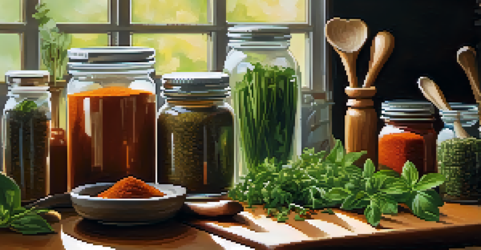 Various herbs and spices in glass containers on a kitchen counter, with a wooden spoon and mortar and pestle in the background.