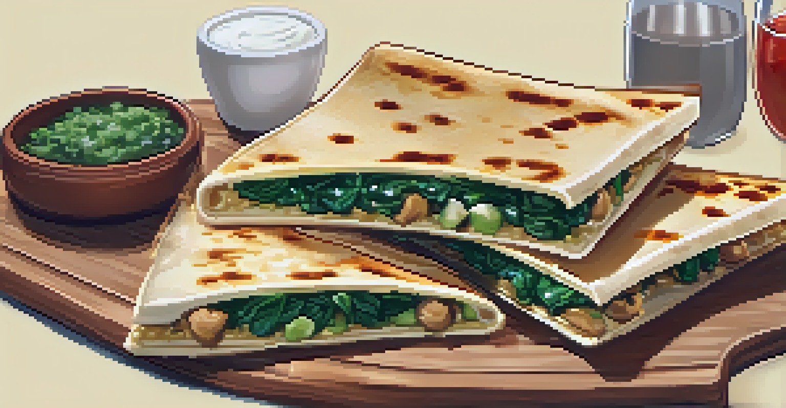 Golden-brown veggie quesadillas filled with cheese and spinach, served with salsa and guacamole.