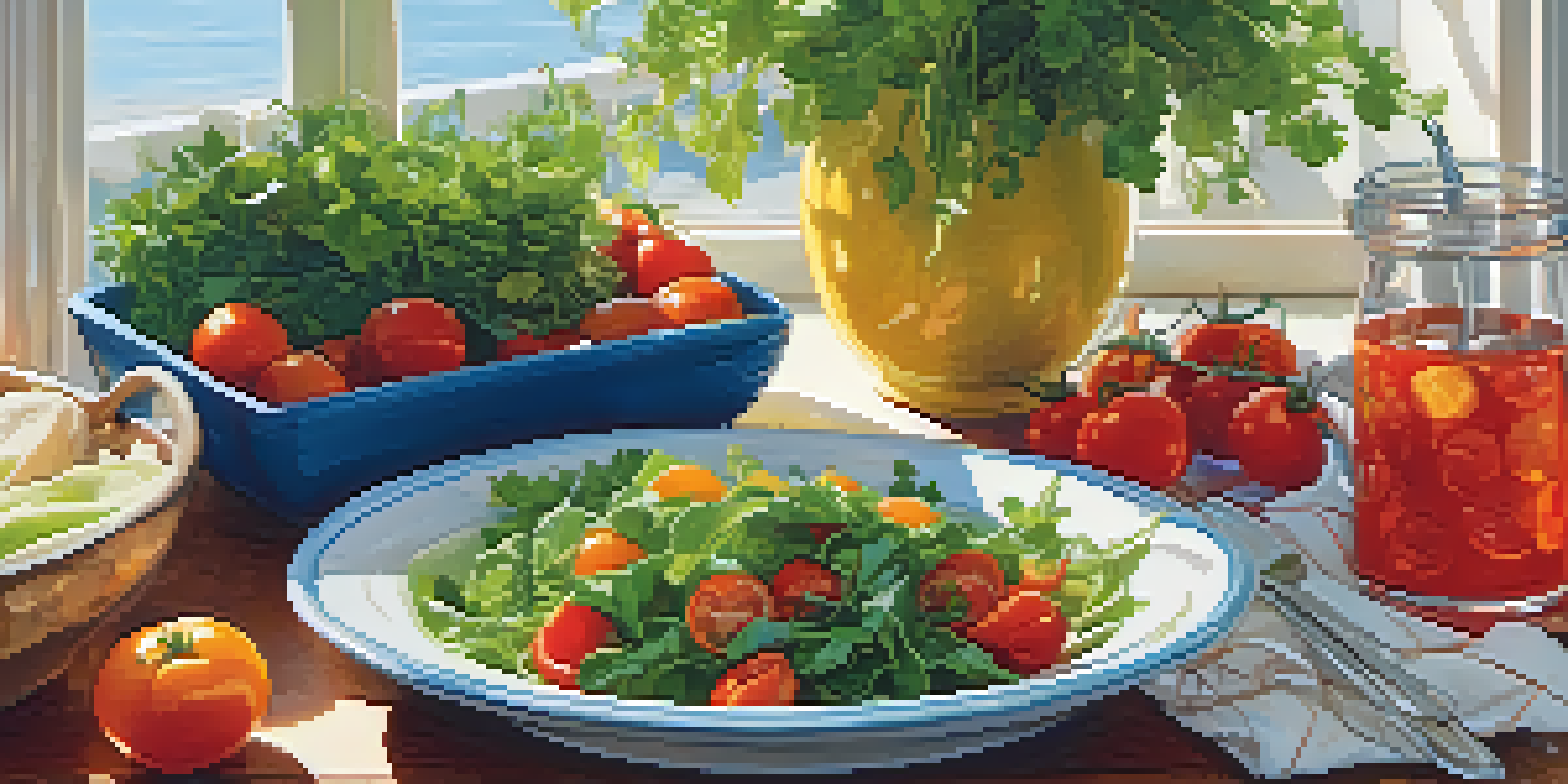 A sunlit table set with a variety of colorful vegetarian dishes, including leafy greens and tomatoes, creating a warm and inviting atmosphere.