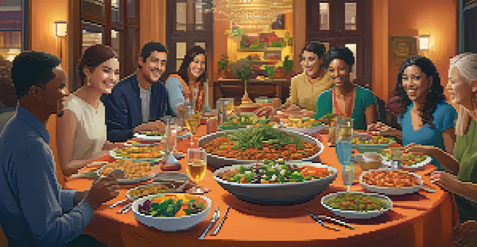 A diverse group of people gathered around a dining table filled with colorful vegetarian dishes, enjoying a meal together.