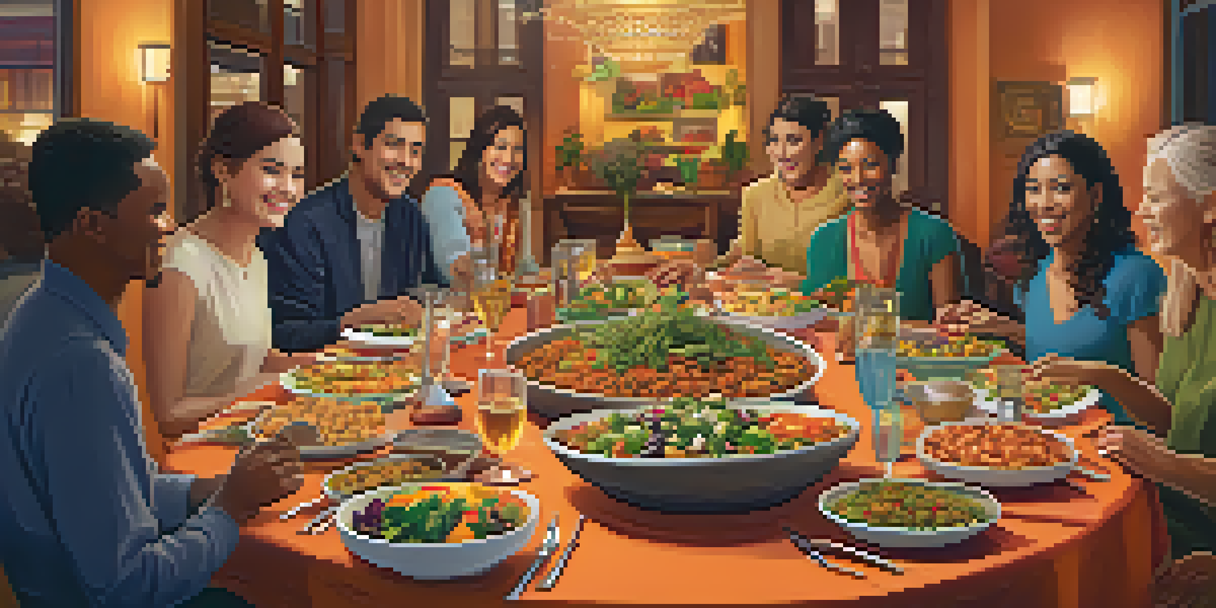 A diverse group of people gathered around a dining table filled with colorful vegetarian dishes, enjoying a meal together.