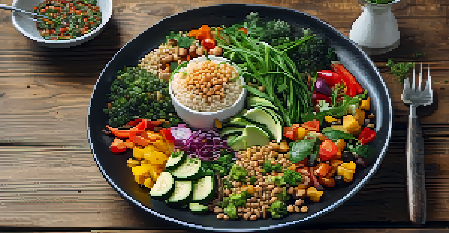 A colorful plant-based stir-fry meal arranged on a rustic wooden table with fresh herbs and spices.
