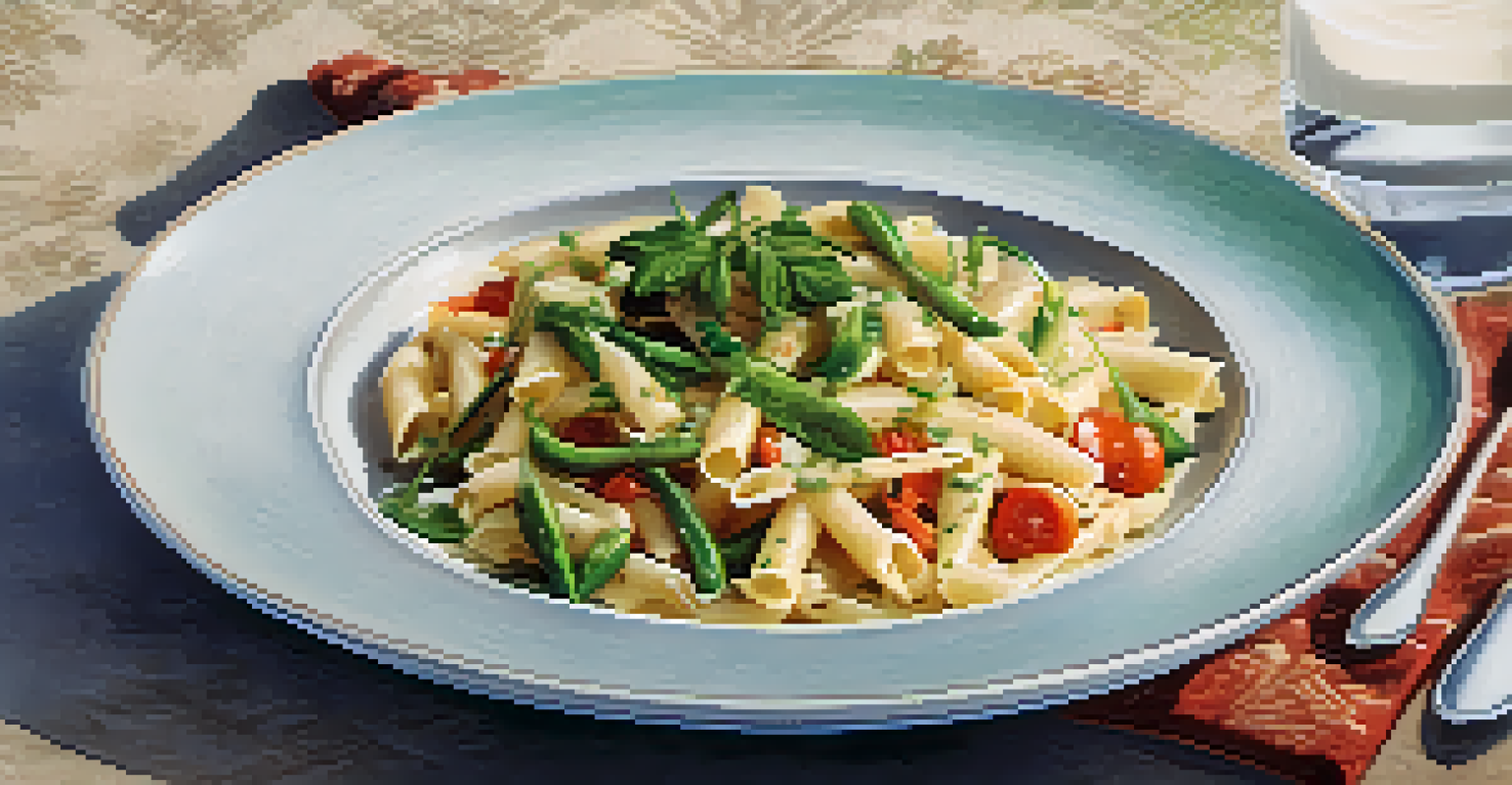 A rustic bowl of creamy pasta with sautéed vegetables and soy milk sauce, placed on a cloth napkin with a fork beside it, illuminated by soft light.