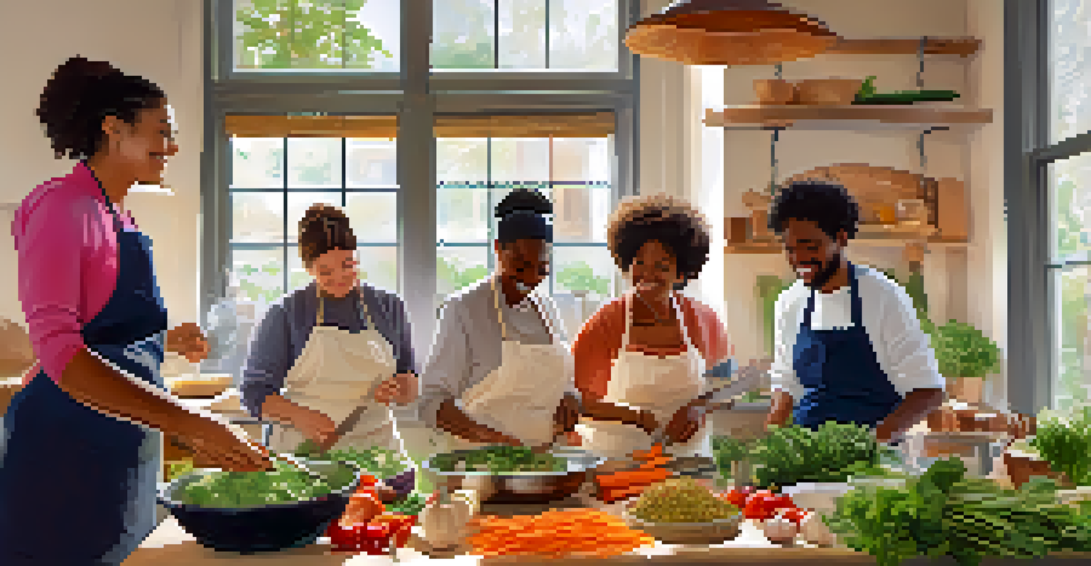 A cooking class with a diverse group of people learning to prepare vegetarian dishes in a bright kitchen filled with fresh ingredients.