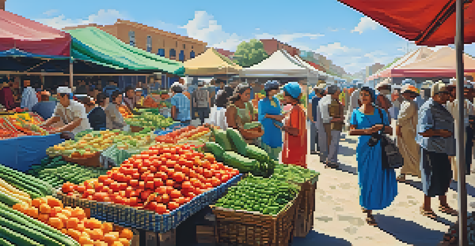 A bustling outdoor market with vendors selling fresh vegetables and fruits, filled with people and colorful stalls.