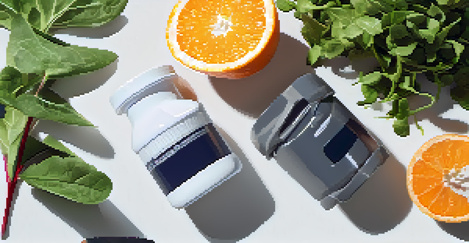 A flat lay view of ferrous and non-heme iron supplements placed beside an orange and leafy greens, highlighting the importance of vitamin C for iron absorption.