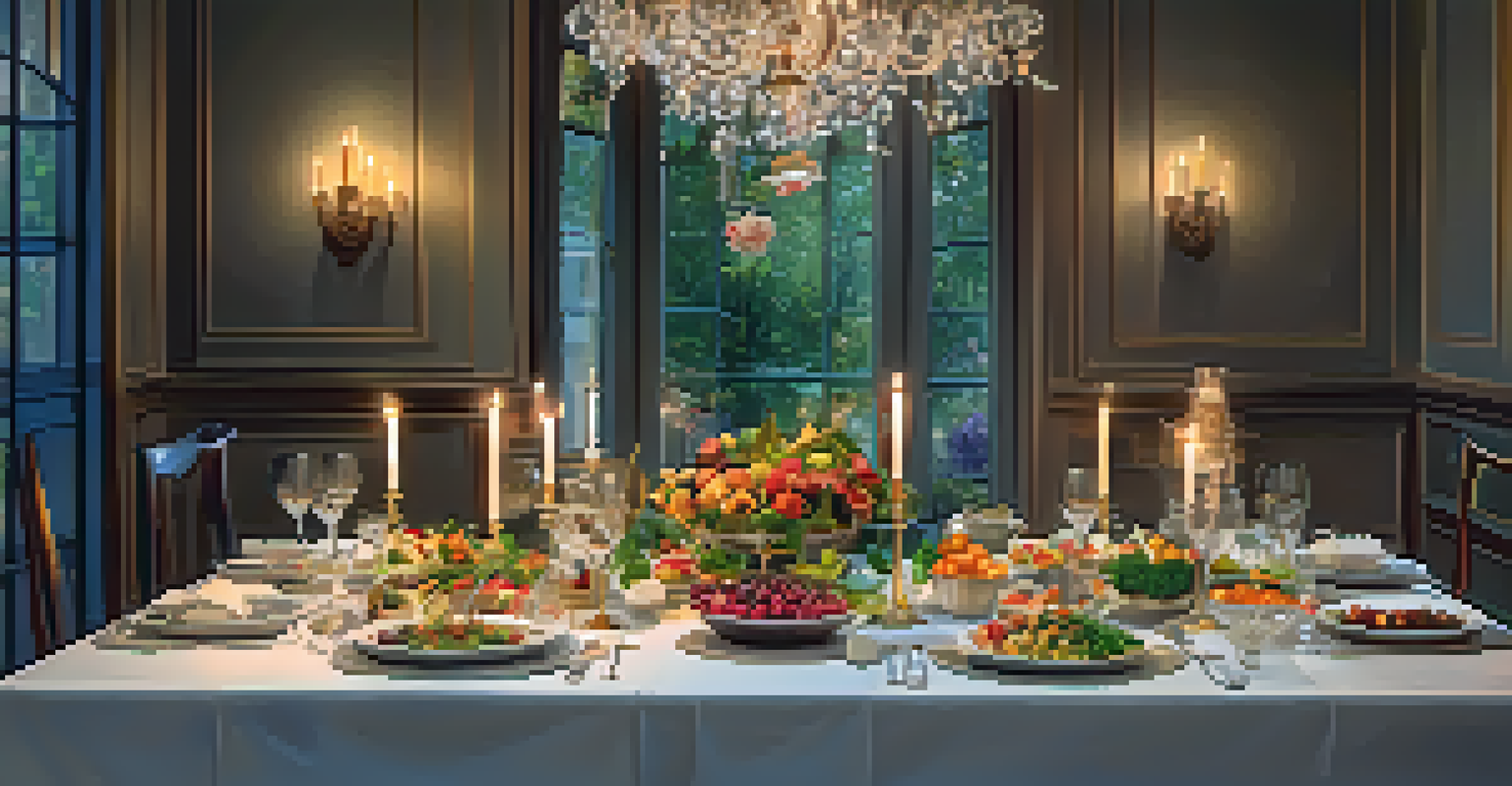 A beautifully set dining table with colorful vegetarian dishes and candlelight for a special occasion.