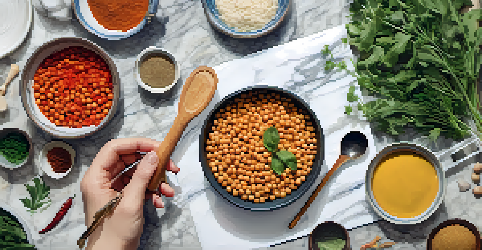 A flat lay of ingredients for a vegetarian dish with hands holding a wooden spoon on a marble surface.
