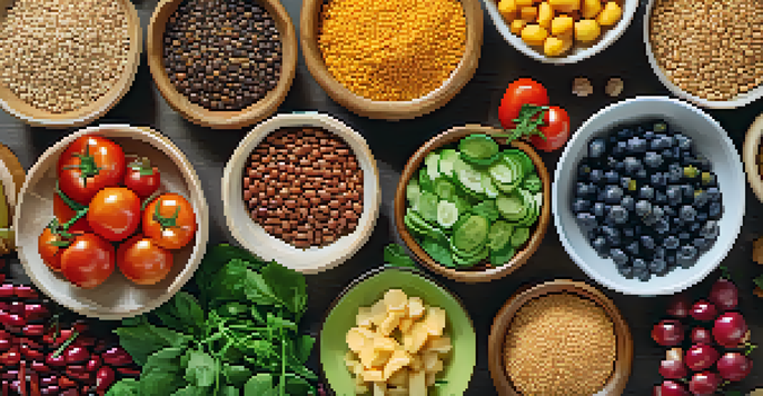 A colorful assortment of vegetarian foods including whole grains, legumes, fruits, and vegetables arranged on a wooden table under soft natural lighting.