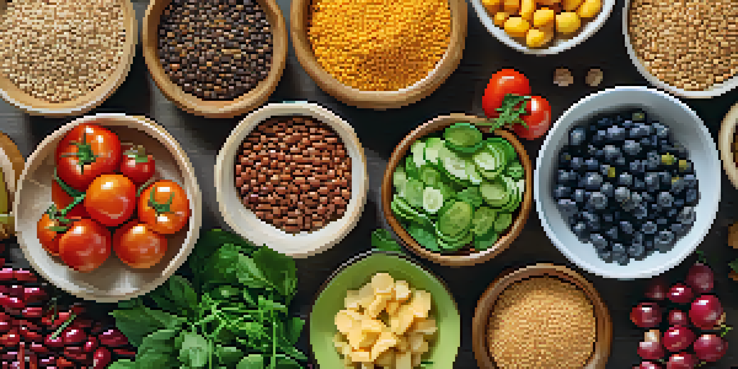 A colorful assortment of vegetarian foods including whole grains, legumes, fruits, and vegetables arranged on a wooden table under soft natural lighting.