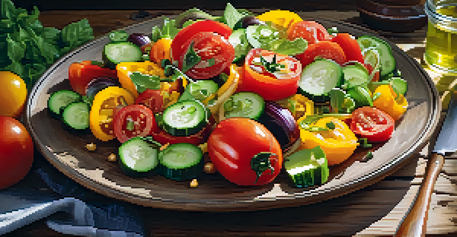 A vibrant summer salad with tomatoes, cucumber, and bell peppers, beautifully arranged on a wooden table, illuminated by sunlight.