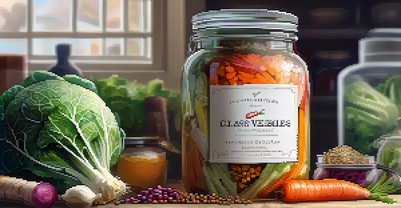 A glass jar filled with colorful fermented vegetables, with a label indicating the date, set against a blurred kitchen background.