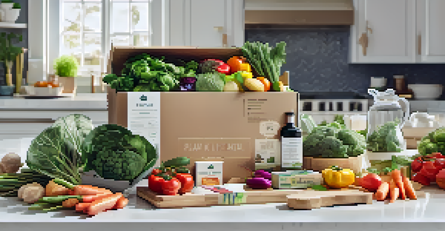 An open meal kit box showcasing fresh ingredients and recipe cards on a bright kitchen counter.