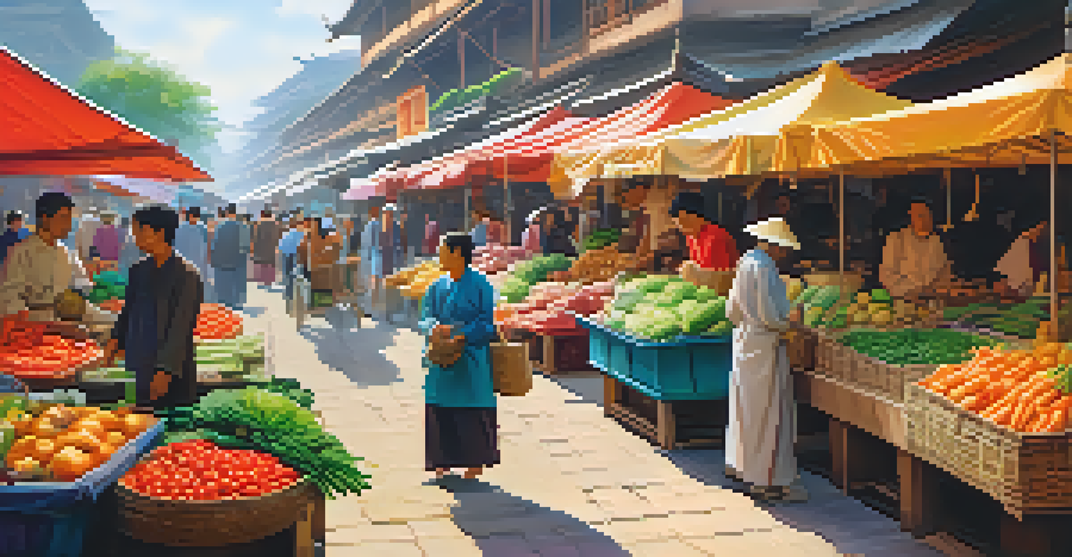 A bustling Asian marketplace filled with fresh vegetables and fruits, showcasing colorful produce and lively interactions between shoppers and vendors.