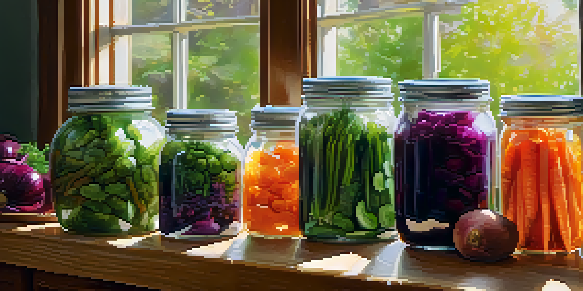 A kitchen with jars of colorful homemade fermented vegetables on a countertop, illuminated by sunlight.
