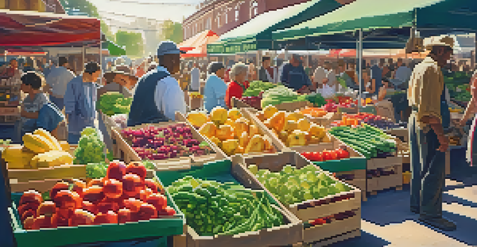 A lively farmer's market filled with colorful fruits and vegetables under warm sunlight, with people chatting and browsing the stalls.