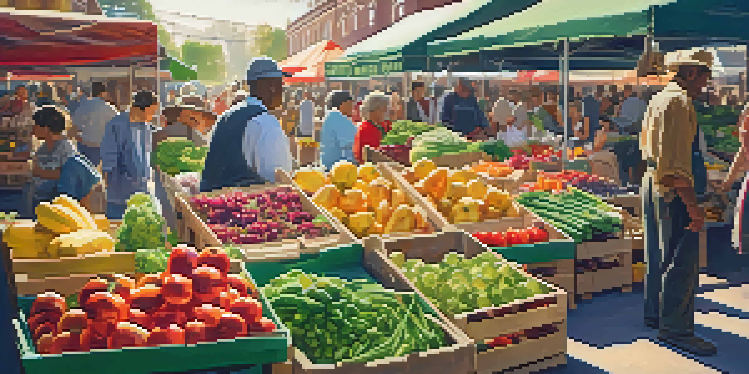A lively farmer's market filled with colorful fruits and vegetables under warm sunlight, with people chatting and browsing the stalls.
