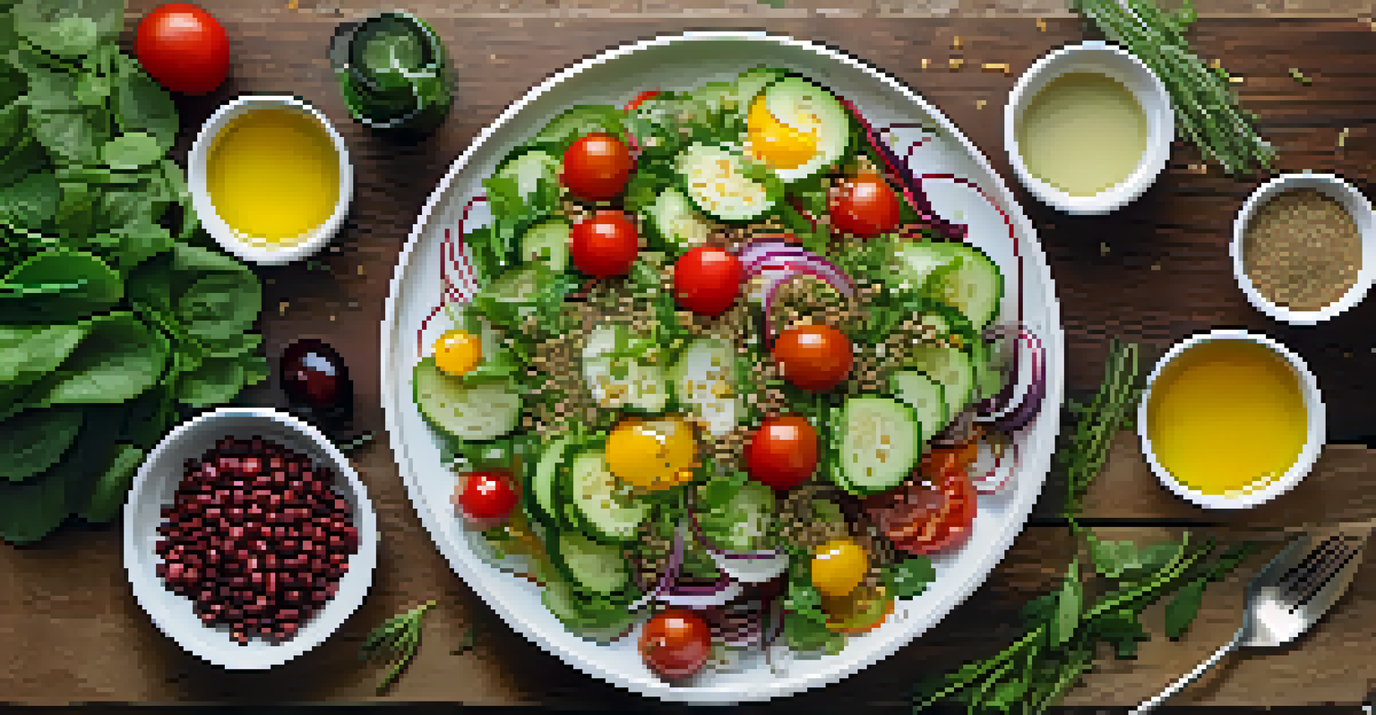An overhead view of a vibrant salad with flaxseed oil dressing, featuring fresh vegetables and herbs on a rustic wooden table.