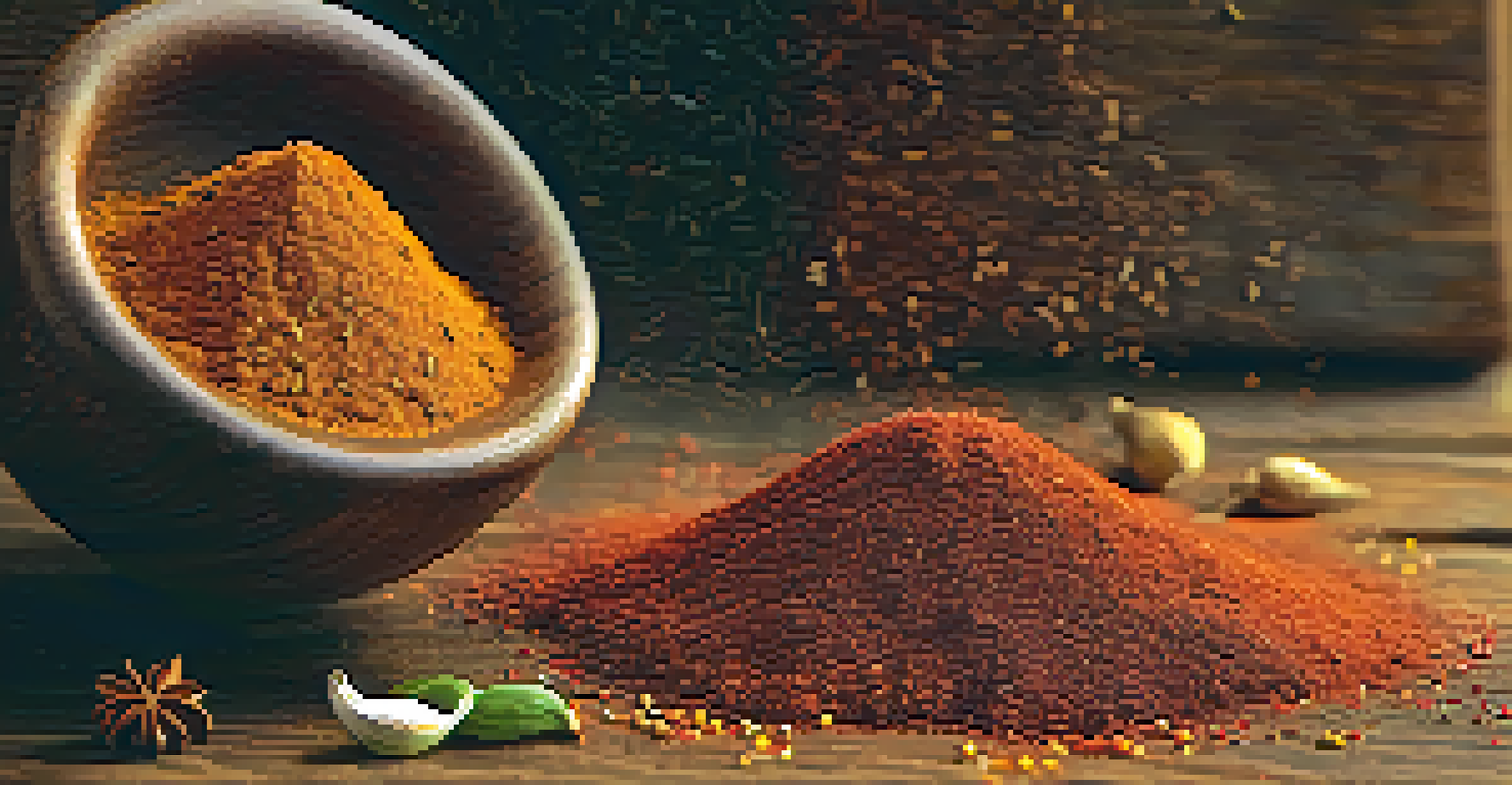 A close-up of a spice blend being poured onto a wooden surface, showcasing various spices and their vibrant colors.