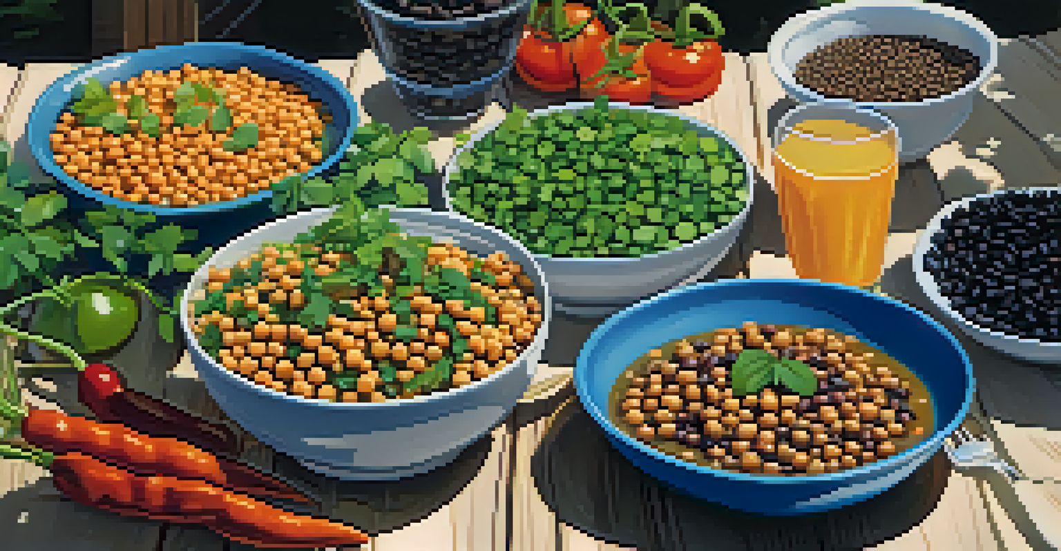 An outdoor picnic scene with a wooden table displaying a chickpea salad, black beans, and lentil soup, surrounded by fresh vegetables and sunlight filtering through leaves.