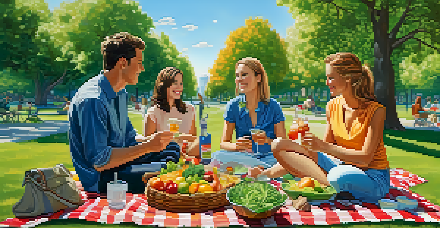 A group of friends having a picnic in a city park, enjoying a vegetarian meal surrounded by nature.